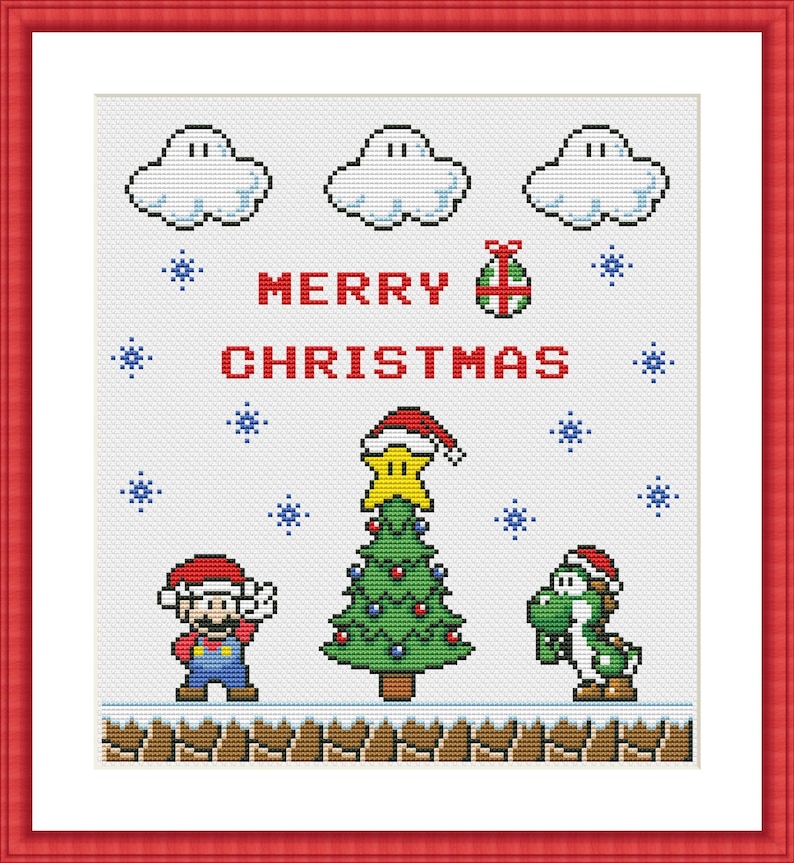Funny Cross Stitch Pattern PDF Instant Download Super Mario Merry Christmas Retro Video Game Super Mario
