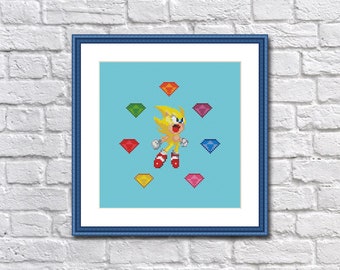 May include: A pixelated image of Super Sonic, a yellow hedgehog character from the Sonic the Hedgehog video game series, surrounded by six colorful gems. The background is a light blue color.