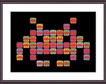 May include: A pixelated image of a space invader in a variety of colors, including red, yellow, green, and blue, on a black background.