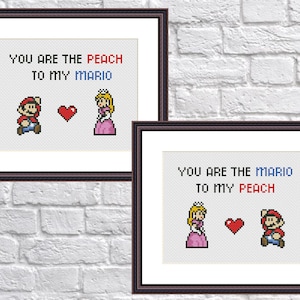 Super Mario - Retro Video Game Super Mario - Set of 2 Cross Stitch Pattern - Valentine Day - Peach to my Mario - Mario to my Peach