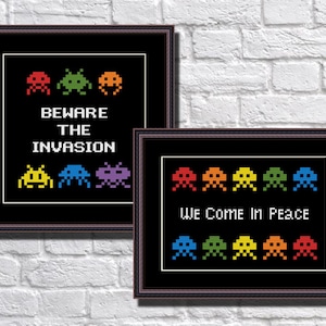 Space Invaders - Set of 2 Cross Stitch Pattern - PDF Instant Download - Retro Video Game - We Come In Peace - Beware The Invasion