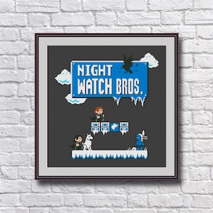 Puede incluir: Una imagen pixelada de una escena de videojuego con el texto "Night Watch Bros." en un cuadro azul. La escena presenta tres personajes, un lobo y un cuervo. Los personajes están de pie en una plataforma con un fondo azul.