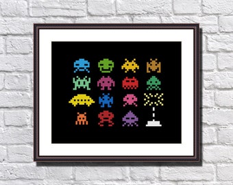 Patrón de punto de cruz moderno y divertido de Space Invaders - Descarga instantánea en PDF - Videojuego arcade retro - Venimos en son de paz - Extraterrestres