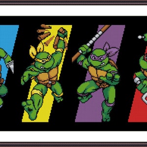 May include: Four Teenage Mutant Ninja Turtles characters in a row, each with a different coloured background.  The characters are green, wearing brown belts and masks.  They are holding weapons, including a katana, sai, nunchaku, and katanas.