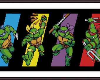 May include: Four Teenage Mutant Ninja Turtles characters in a row, each with a different colored background.  The characters are green, wearing brown belts and masks.  They are holding weapons, including a katana, sai, nunchaku, and katanas.