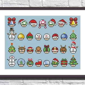 May include: A cross-stitch pattern featuring a variety of Christmas-themed mushroom characters. The pattern includes mushrooms wearing Santa hats, reindeer antlers, and Christmas trees. There are also mushrooms shaped like snowmen, ornaments, and gift boxes.
