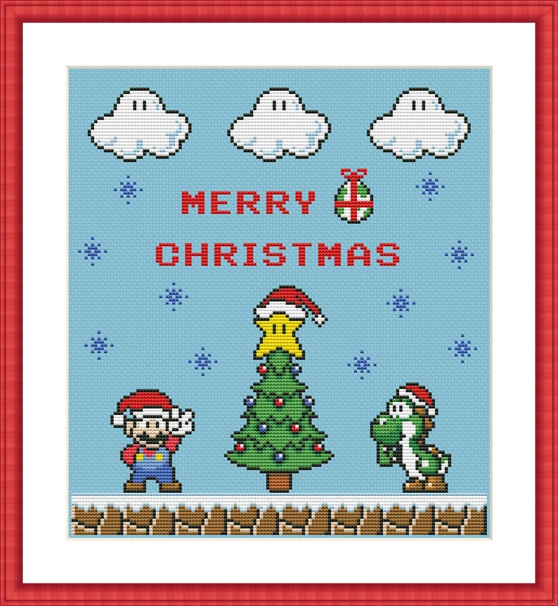 Funny Cross Stitch Pattern PDF Instant Download Super Mario Merry Christmas Retro Video Game Super Mario