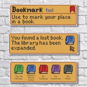 May include: A pixelated image of a video game menu with the text "Bookmark tool" and "Use to mark your place in a book."  The menu also shows a pixelated image of a book with the text "You found a lost book. The library has been expanded."  Below that are six pixelated images of books with the text "Tips on Farming", "Marnie's Animal Guide", "On Forraging", "The Fisherman", and "The Mines".