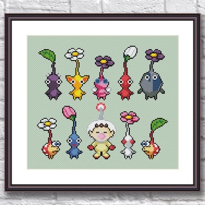 Peut inclure: Modèle de point de croix représentant un groupe de personnages colorés avec des têtes en forme de fleurs. Les personnages sont disposés en cercle autour d'un personnage central avec un casque blanc et un corps jaune.