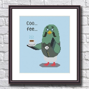 May include: Cross-stitch pattern featuring a cartoon penguin wearing a tuxedo and glasses, holding a cup of coffee. The text "Coo... Fee..." is above the penguin.