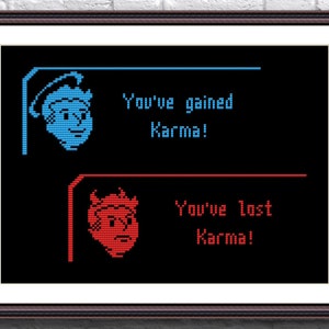 Puede incluir: Una imagen de píxeles en blanco y negro de un personaje de videojuego con el texto "You've gained Karma!" y "You've lost Karma!"
