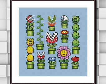 Super Mario - Flowers Sampler - Retro Video Game Super Mario - Cross Stitch Pattern PDF Instant Download