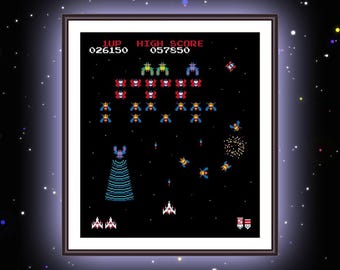 Arcade Cross Stitch Pattern PDF - Instant Download - Galaga Cross Stitch Pattern - Video Game Vintage PC Nostalgia 90s Y2K