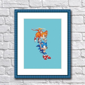 Könnte beinhalten: Ein Kreuzstichmuster mit Sonic the Hedgehog und Tails, zwei legendären Videospielfiguren. Sonic ist blau mit roten Schuhen und weißen Handschuhen, während Tails orange mit einem gelben Schwanz ist. Der Hintergrund ist hellblau.