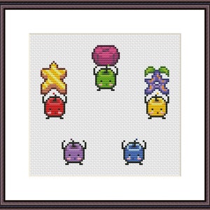 May include: Five pixel art characters with different colored bodies and hats. Each character is holding a different object above their head. The objects are a star, a flower, a ball, a purple berry, and a blue berry.