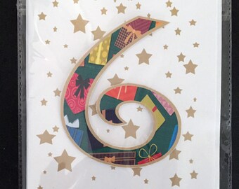 6th birthday card, age 6, XL birthday card, number card, number birthday, 3D number, gold and white, stars, half page card