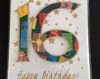 Age 16, 16th birthday, XL birthday card, number card, number birthday, 3D number, gold and white, stars, 8.5"x 5.5"
