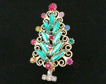 Christmas Tree Pin Brooch Signed Hobe Crystal Glass Beads Gold Tone