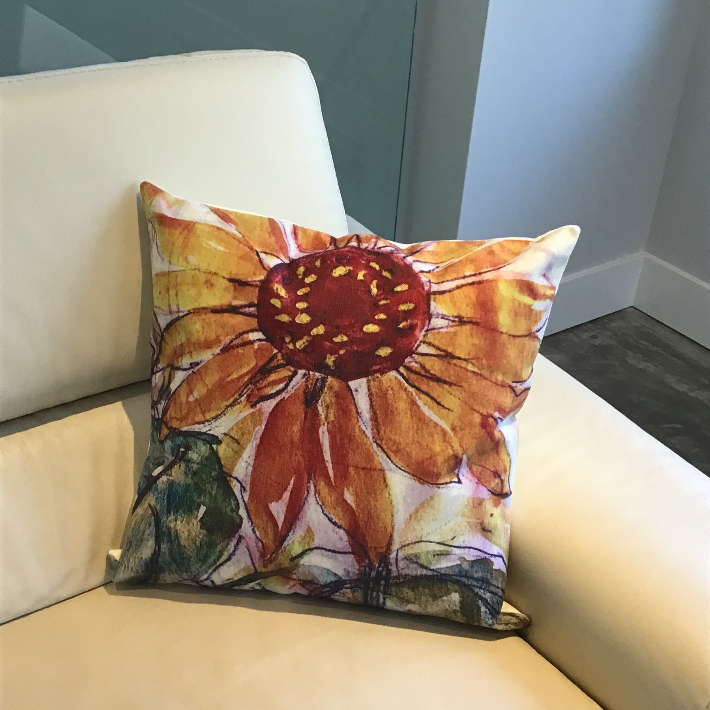 Artistic Sunflower Pillow Cover - Floral Pillow Cover - Indoor/Outdoor
