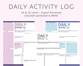 A4 Daily Activity Log - Black & White - Instant PDF Download