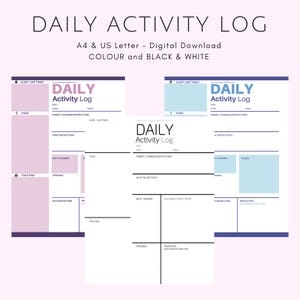 A4 Daily Activity Log - Black & White - Instant PDF Download