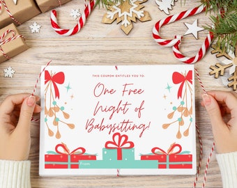 6" X 4" One Free Night of Babysitting Christmas Babysitting Gift Voucher