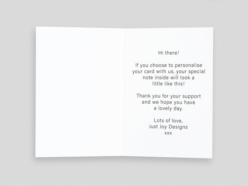 The inside of an opened card showing text on the right hand side. The text explains how to leave a personalised message. The font used is the same as the font we will use to print the message.