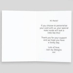 he inside of an opened card showing text on the right hand side. The text explains how to leave a personalised message. The font used is the same as the font we will use to print the message.