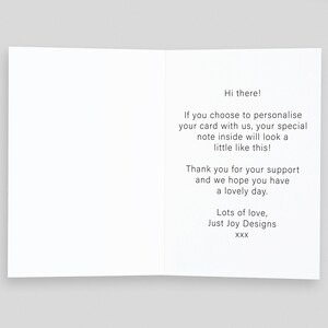 The inside of an opened card showing text on the right hand side. The text explains how to leave a personalised message. The font used is the same as the font we will use to print the message.