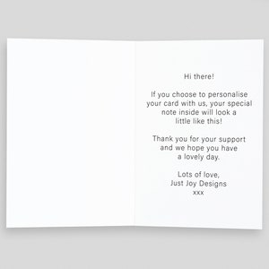 The inside of an opened card showing text on the right hand side. The text explains how to leave a personalised message. The font used is the same as the font we will use to print the message.