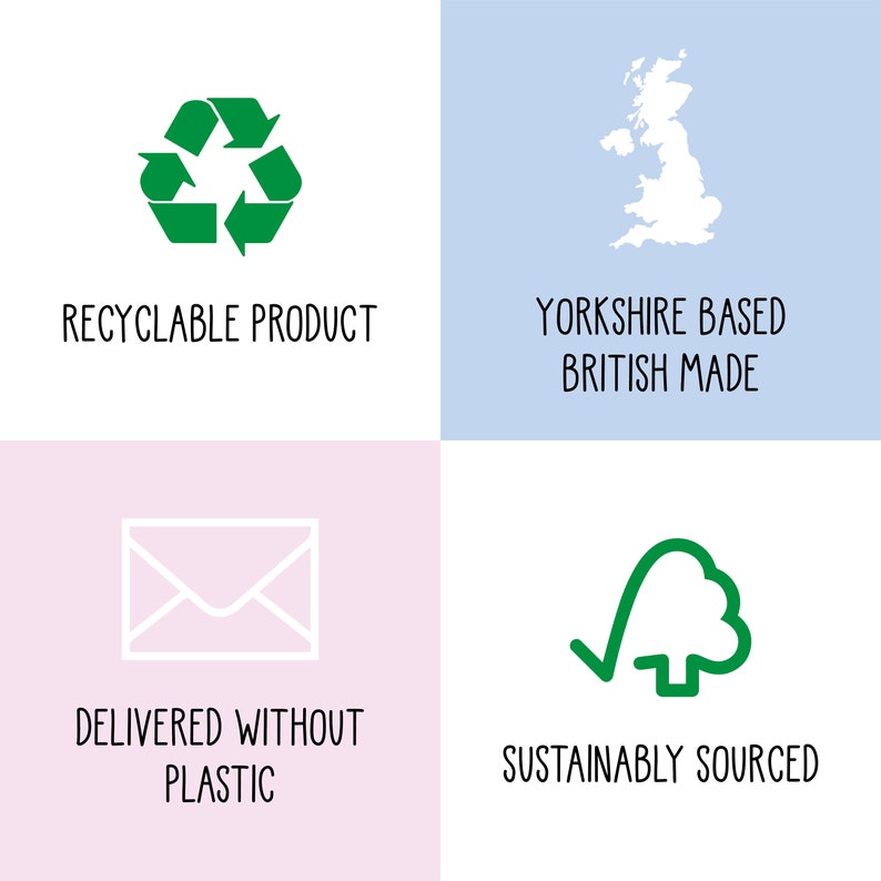May include: A green recycling symbol, a white outline of the United Kingdom, a white envelope, and a green tick inside a tree. The text reads "Recyclable Product", "Yorkshire Based British Made", "Delivered Without Plastic", and "Sustainably Sourced".