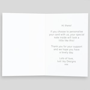 The inside of an opened card showing text on the right hand side. The text explains how to leave a personalised message. The font used is the same as the font we will use to print the message.