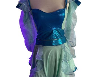 Womens Fairy Princess Costume  - Blue Metallic Festival Set With Bell Sleeves