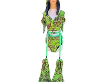 Women's Lime Green Monstera Leaf Festival Rave Outfit