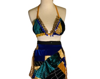 Blue Rhinestone Velvet Co-ord: Patchwork Stretch Set