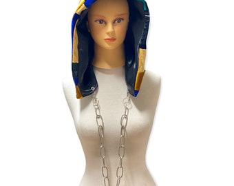 Reversible Patchwork Velvet Rave Festival Hood With Black Satin Reverse Side And Silver Chain