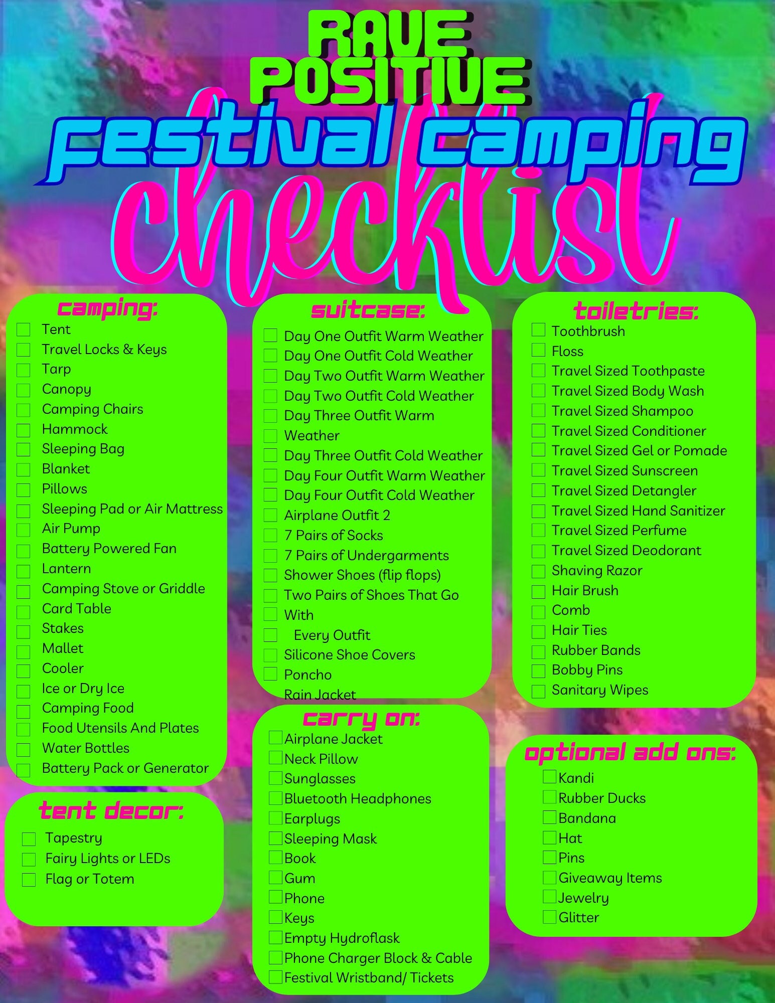Positivity Raves Rave Positive Festival Camping Checklist - Etsy