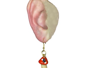 Fly Amanita Mushroom Earrings: Polymer Clay, Blue Gemstone Charm