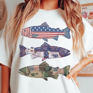 Patriotic Fish Shirt PNG, Patchwork Beach Fish Fourth of July Design, Americana Fishing Sublimation, Coastal Fish, Ocean