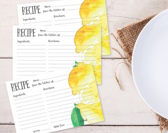Tarjetas de recetas imprimibles 4x6 Acuarela pintada limones Tarjetas de recetas DIY Menú de comida Descarga instantánea Plantilla de tarjeta de recetas Tarjetas de comida Hornear alimentos