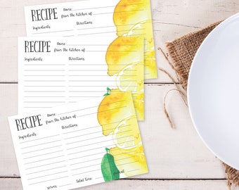 Printable Recipe Cards 4x6 Watercolor Painted Lemons DIY Recipe Cards Food Menu Instant Download Recipe Card Template Food Cards Food Baking