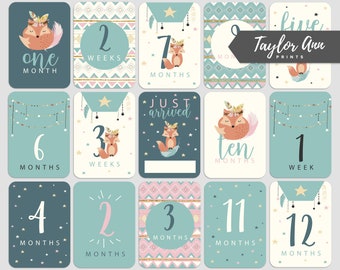 Baby Milestone Cards Instant Download Baby Fox Documenting Baby's first 12 months Baby's first year baby shower gifts scrapbook photobook
