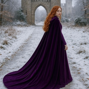 Royal Purple Velvet Hooded Cape – Long Medieval Cloak with Train | Fantasy Renaissance Cosplay Cloak | Gothic Winter Velvet Cape