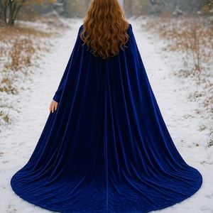 Royal Blue Velvet Hooded Cape – Long Medieval Cloak with Train | Fantasy Wizard Cloak | Gothic Renaissance Velvet Cape