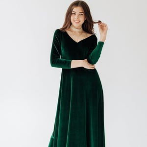 Forest Green Velvet Bridesmaid Dress – V-Neck Long Sleeve Prom, Wedding, Evening Ball Gown & Guest Dress