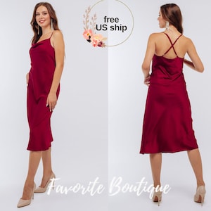 Wine Silk Slip Dress Wine Satin Bridesmaid Dress V-neck Open Back Dress Midi Bridesmaid Sleep Gown Custom Tailoring Cocktail Evening Dress