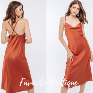 Rust Silk Slip Dress Bridesmaid Cowl Neck Dress Copper Silk Slip Dress Midi Bridesmaid Sleep Gown Custom Tailoring Cocktail Evening Dress
