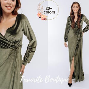 Dusty Sage Velvet Maxi Dress, Long Sleeve V-Neck Gown
