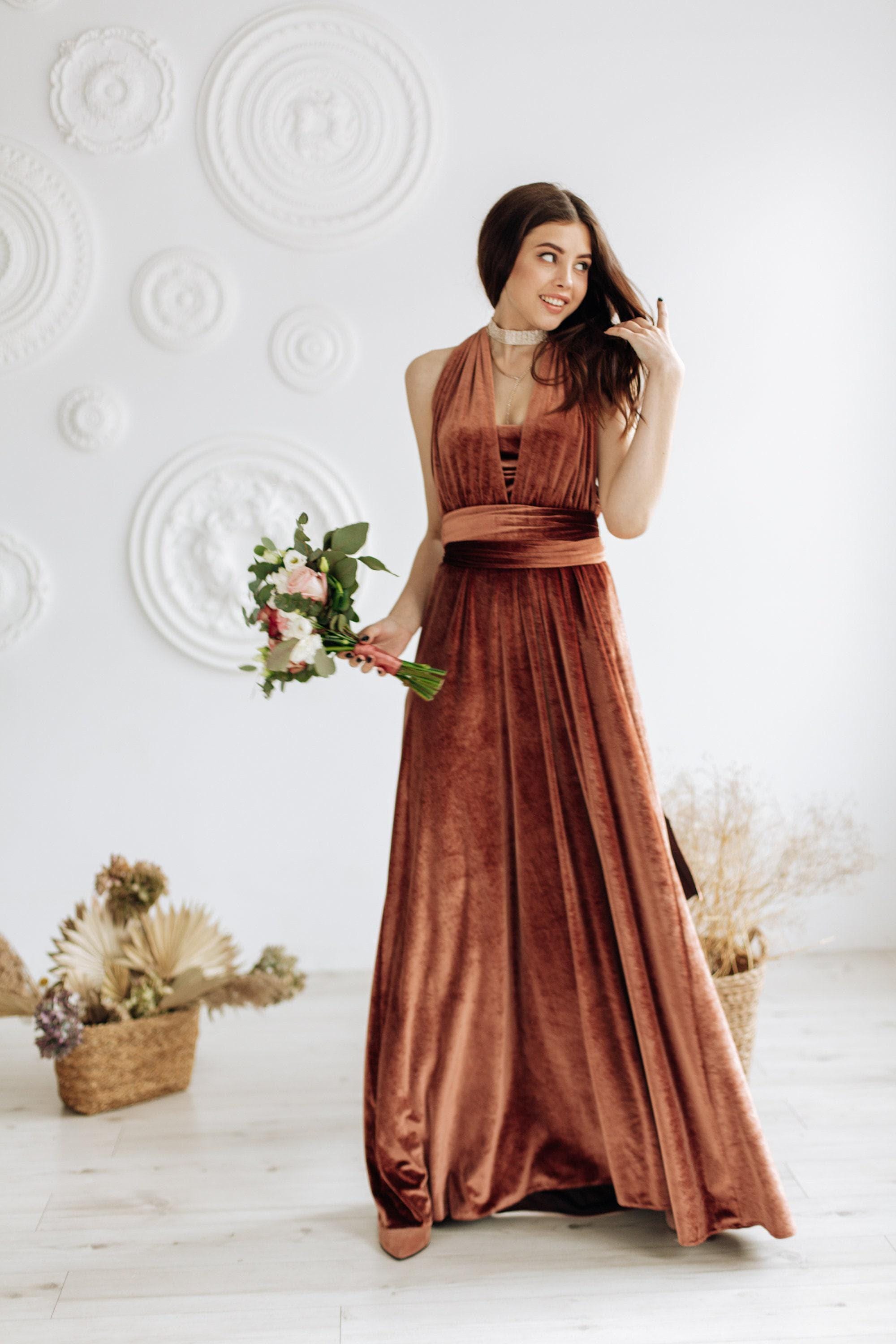 Copper Velvet Convertible Wrap Gown - Custom Fit Multi-Way Maxi Dress for Bridesmaids, Formal Events, or Parties