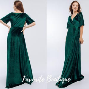 Forest Green Velvet Maxi Dress: Flutter Sleeves Bridesmaid Gown